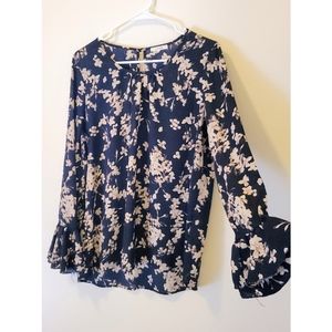 [Pleione] Navy Floral Sleeve Detail Blouse…